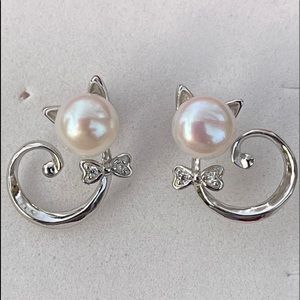925S‎ Real 6mm Natural Freshwater Pearl Stud Earrings Cat Shape